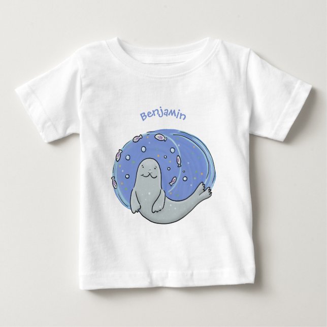 Camiseta De Bebé Ilustracion de foca feliz y personalizado azul de  (Anverso)
