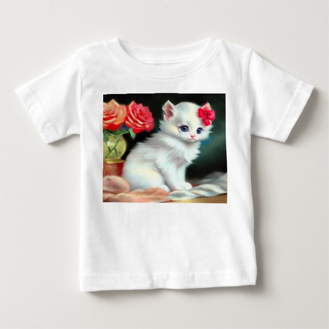 Camiseta De Bebé Ilustracion de gatito blanco con flores rojas (Anverso)