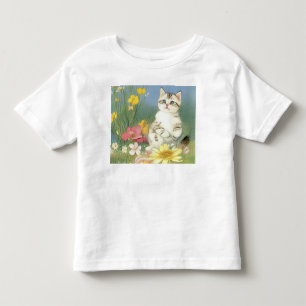 Camiseta De Bebé Ilustracion de gatito vintage con flores amarillas