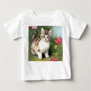 Camiseta De Bebé Ilustracion de gato vintage con flores rojas