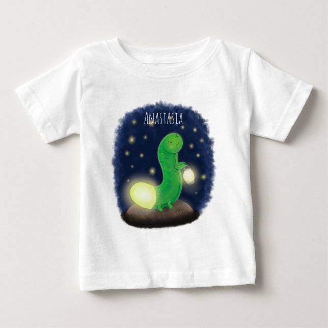 Camiseta De Bebé Ilustracion personalizado de gusano de brillo verd (Anverso)