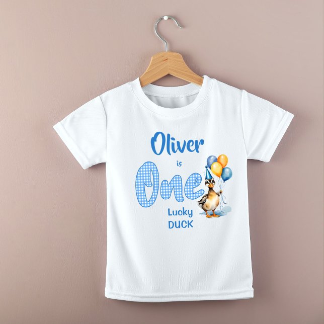 Camiseta De Bebé Impresión de un cumpleaños de gingham azul de pato (One lucky duck blue gingham birthday printed baby T-Shirt birthday photo props )