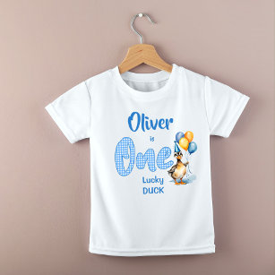 Camiseta De Bebé Impresión de un cumpleaños de gingham azul de pato