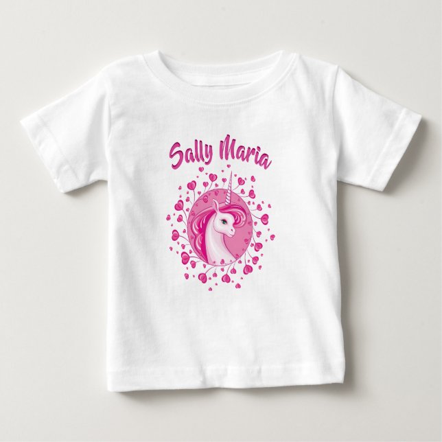 Camiseta De Bebé Inicializado Unicornio Rosa Y Corazones (Anverso)