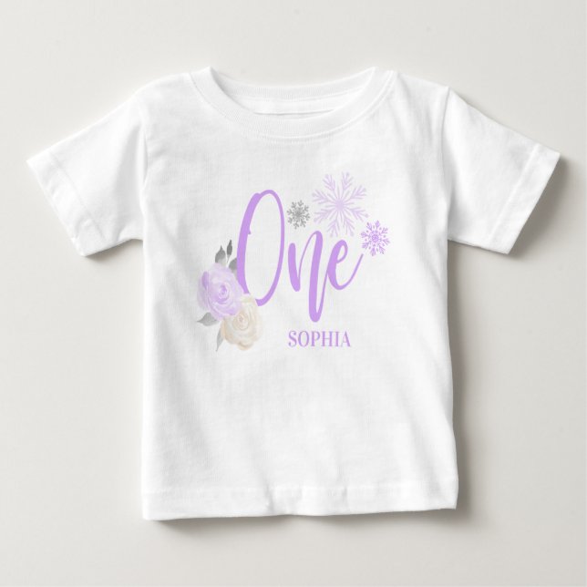Camiseta De Bebé Invierno Morado Gris Floral Onederland Primer cump (Anverso)