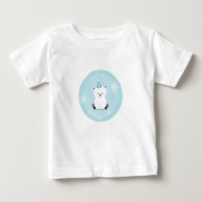 Camiseta De Bebé Invierno Onederland Polar Oso Azul Primer Cumpleañ (Anverso)