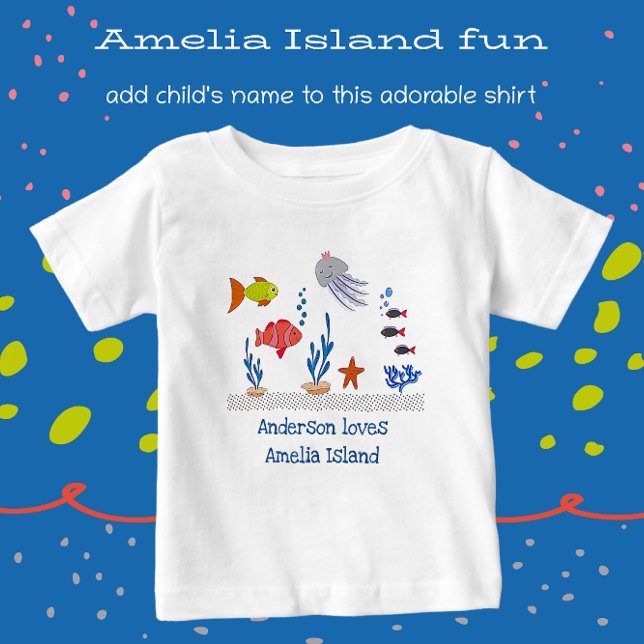 Camiseta De Bebé Isla de Amelia FL divertido pescado del océano con (Cute Vacation Souvenir with name.)