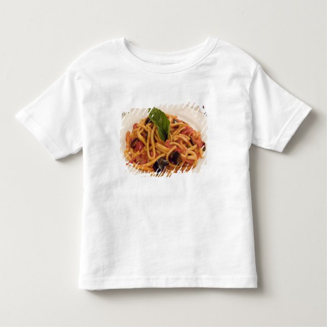 Camiseta De Bebé Italia, Positano. Platos de pasta y berenjena. (Anverso)