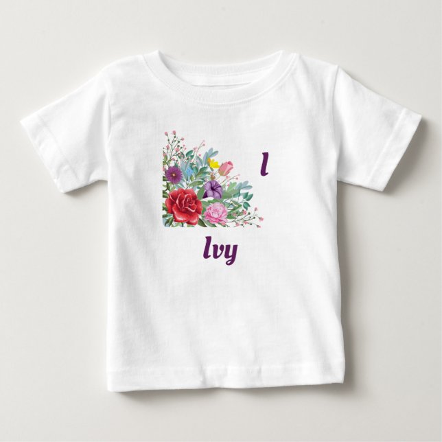 Camiseta De Bebé Ivy Personaliza El Nombre De La Carta, Flores Rosa (Anverso)