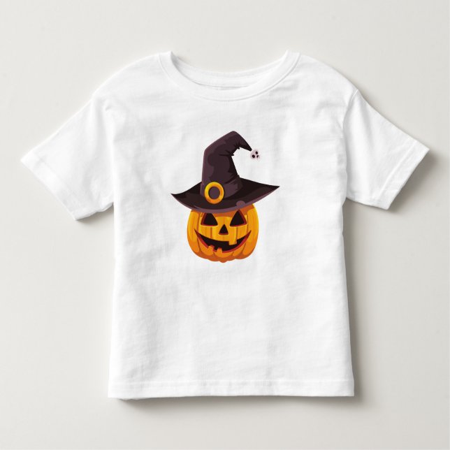 Camiseta De Bebé Jack-O-Lantern vestido con un Gorra de brujas (Anverso)