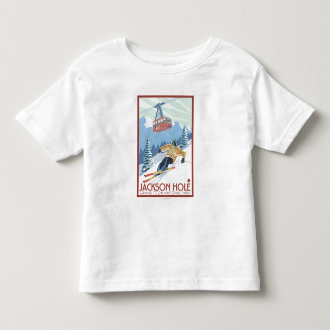 Camiseta De Bebé Jackson Hole, esquiador de Wyoming y tranvía (Anverso)