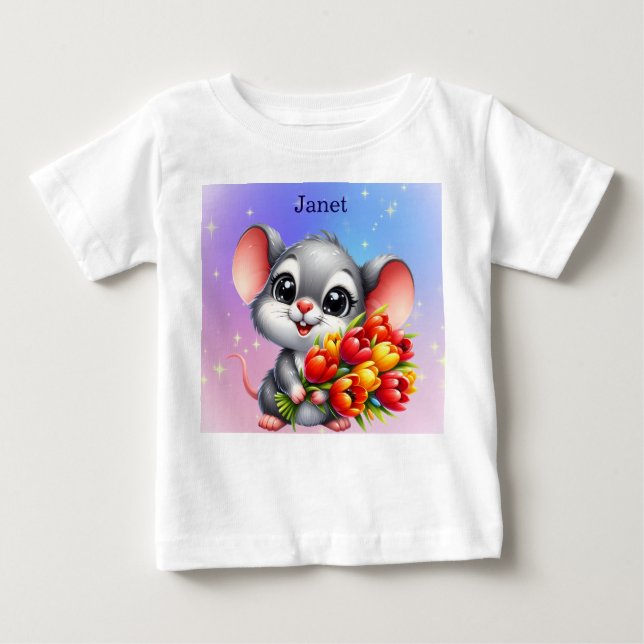 Camiseta De Bebé Janet's Cute Mouse with Tulips Baby T-Shirt (Anverso)