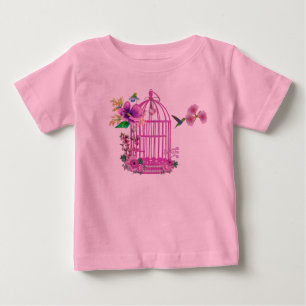 Camiseta De Bebé Jaula de Pájaro Floral Rosa