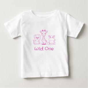 Camiseta De Bebé Jirafa, León, Hipopótamo "Wild One" Contorno Rosa