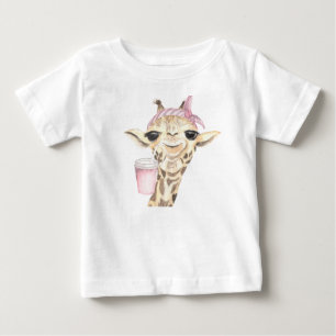 CAMISETA DE BEBÉ JIRAFA MARRON ADORABLE SOMBRERO ROSA Y TAZA