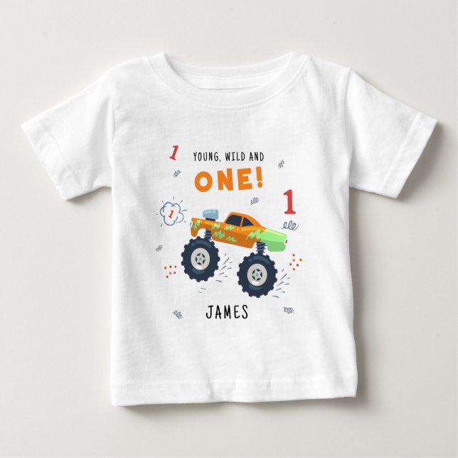 Camiseta De Bebé Joven Salvaje y Cumpleaños número 1 Niños Coche Mo (Anverso)