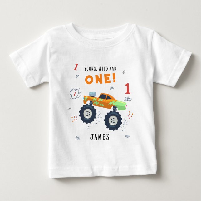 Camiseta De Bebé Joven Salvaje Y Uno Cumpleaños Kids Coche Monstruo (Anverso)