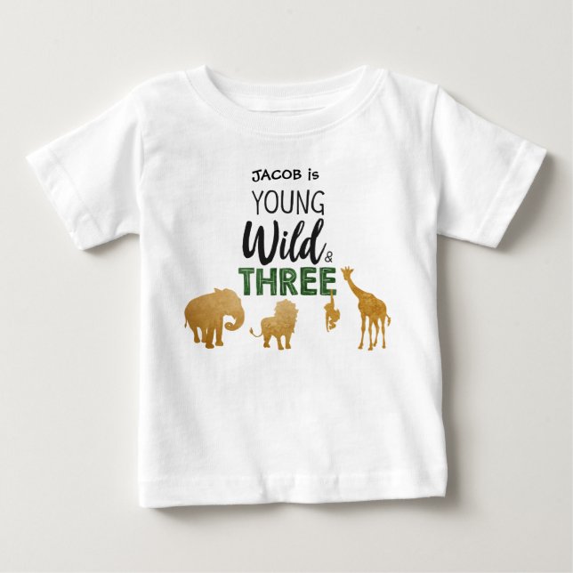 Camiseta De Bebé Jóvenes salvajes y tres Safari Animales Boy Cumple (Anverso)
