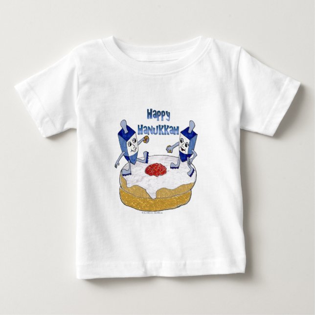 Camiseta De Bebé Judaica Happy Hanukkah Dancing Dreidels Doughnut (Anverso)
