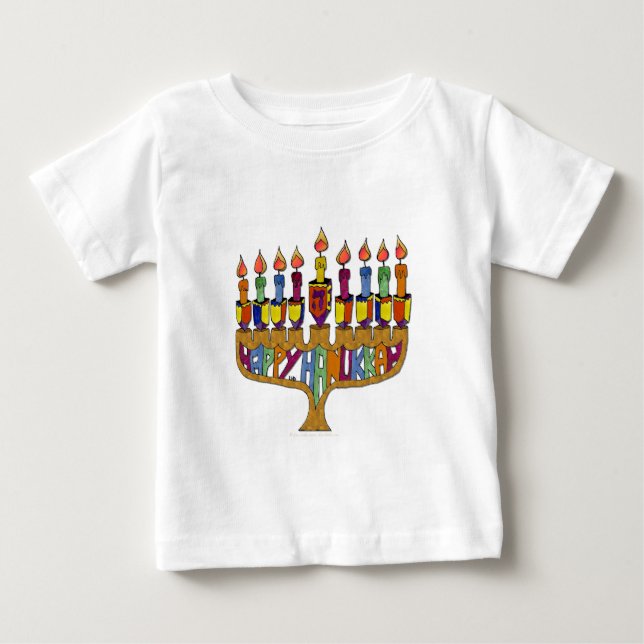 Camiseta De Bebé Judaica Happy Hanukkah Dreidel Menorah (Anverso)