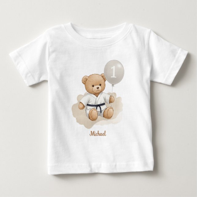Camiseta De Bebé Judo Bear Turns One" – 1st Birthday【Black-belt】 (Anverso)