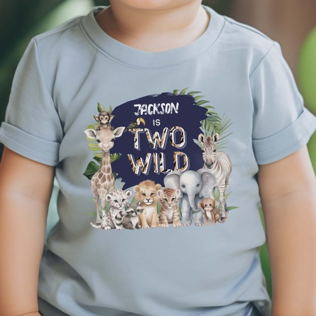 Camiseta De Bebé Jungla Safari Azul Dos Cosas de Cumpleaños de Chic (Blue Safari Themed, Two Wild 2nd birthday T-shirt)