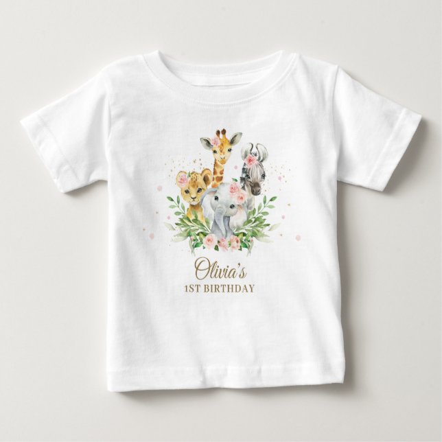 Camiseta De Bebé Jungle Animal Pink Floral Chica 1.ᵉʳ cumpleaños (Anverso)