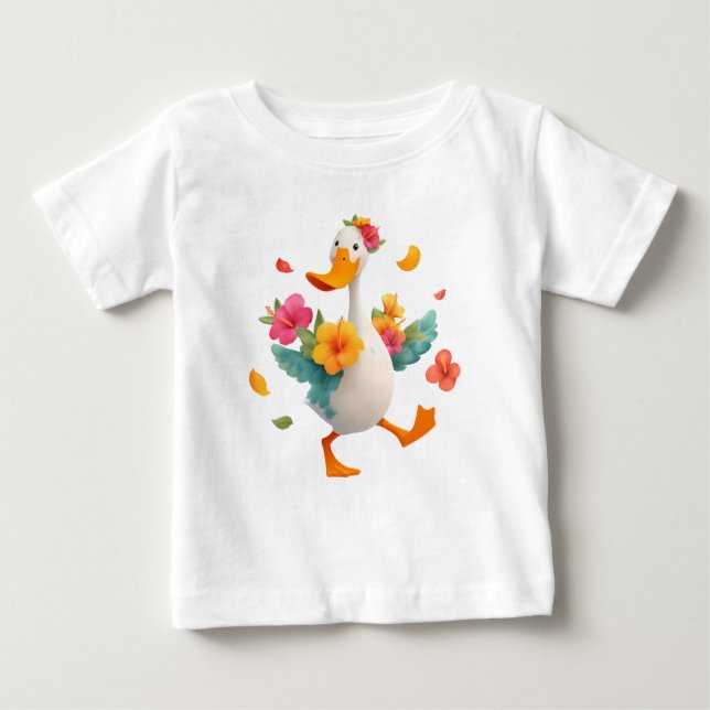 Camiseta De Bebé Kawaii Goose Dancing – Cute Duck with Flowers Kids (Anverso)