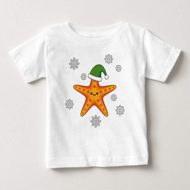 Camiseta De Bebé Kawaii Navidad Starfish en patrón de búfalo azul (Anverso)