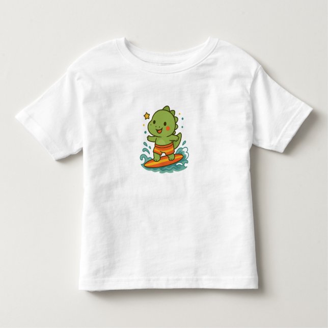 Camiseta De Bebé Kawaii Surfing Dinosaur for Kids T-Shirt 🦖🏄‍♂️✨ (Anverso)
