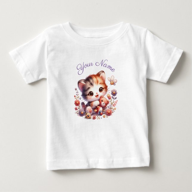 Camiseta De Bebé Kit de Acuarela Personalizada Gatito Jugando Nombr (Anverso)