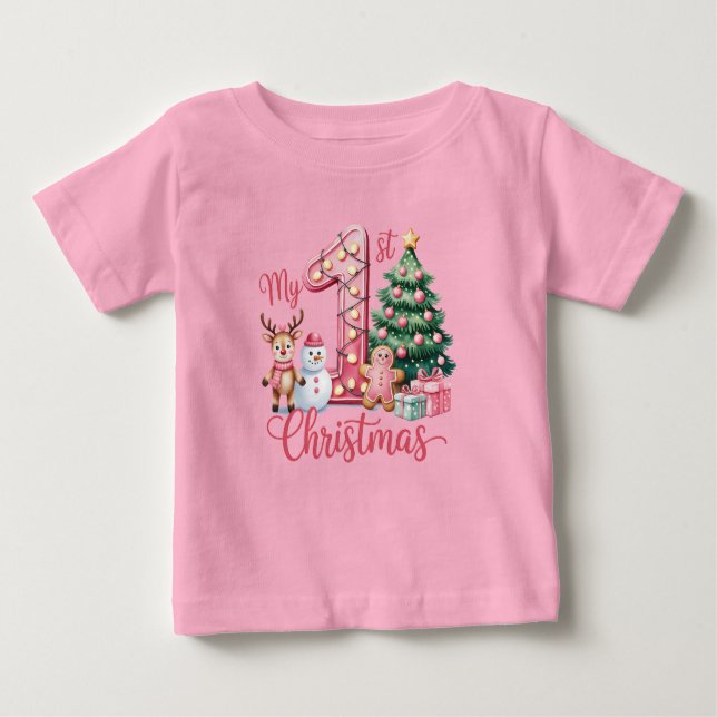 Camiseta De Bebé La primera Navidad de la niña en rosa (Anverso)