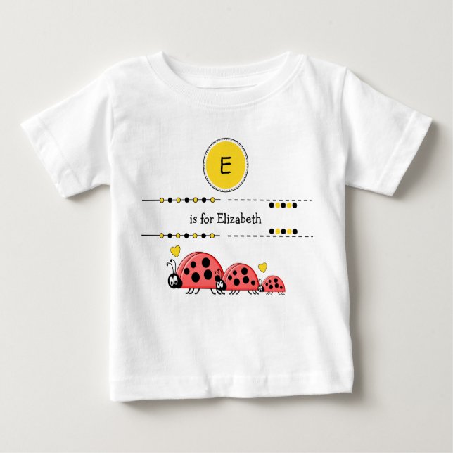 Camiseta De Bebé Ladybugs agregar nombre negro y amarillo (Anverso)