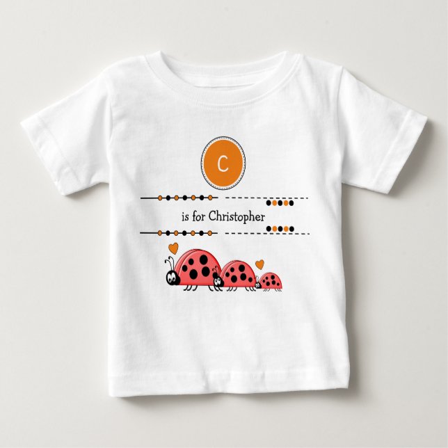 Camiseta De Bebé Ladybugs agregar nombre negro y naranja (Anverso)
