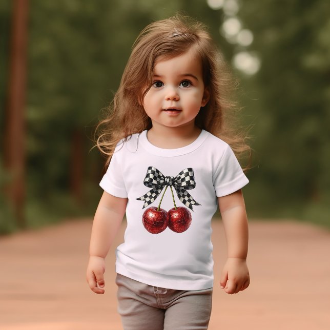 Camiseta De Bebé Lazo de cuadros negro y blanco con cerezas (Subido por el creador)