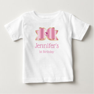 Camiseta De Bebé Lazo Glam Rosa con Piedra Preciosa Central Cumplea