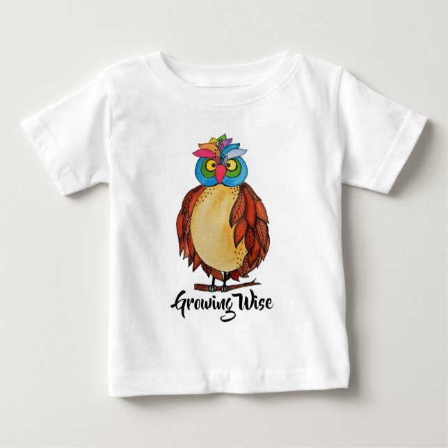 Camiseta De Bebé Lechuza Mágica acuarela con plumas arcoiris (Anverso)