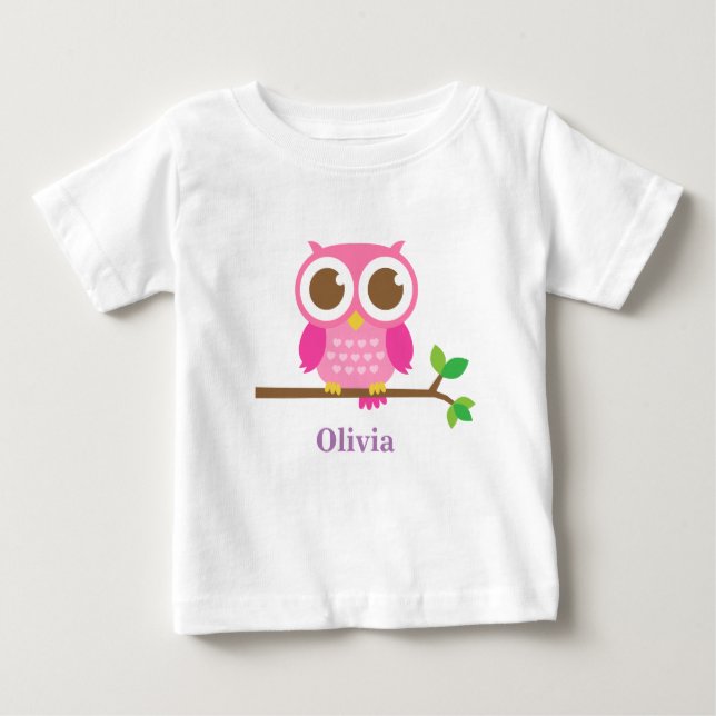 Camiseta De Bebé Lechuza Rosa Cuta En Rama Niña Bebé Personalizada (Anverso)