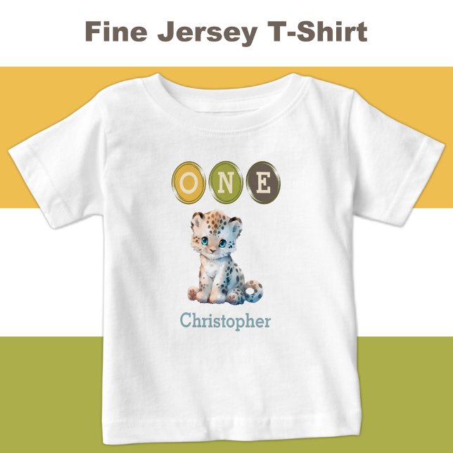 Camiseta De Bebé Leopard 1º cumpleaños uno con nombre azul (Subido por el creador)