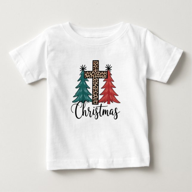Camiseta De Bebé Leopard Cross Christmas Trees Christian (Anverso)