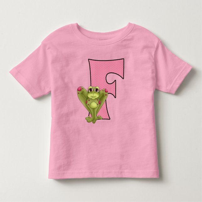 Camiseta De Bebé Letra F para rana con puntos rosados y verdes de p (Anverso)