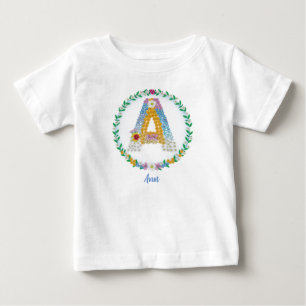 Camiseta De Bebé Letras florales iniciales "A" con nombre personali