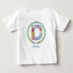 Camiseta De Bebé Letras florales iniciales "D" con nombre personali