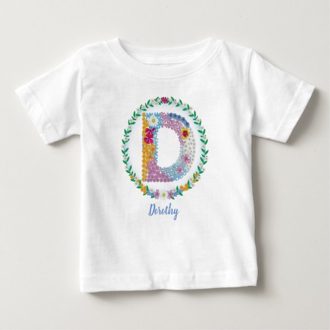 Camiseta De Bebé Letras florales iniciales "D" con nombre personali (Anverso)