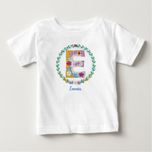 Camiseta De Bebé Letras florales iniciales "E" con nombre personali