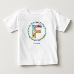 Camiseta De Bebé Letras florales iniciales "F" con nombre personali