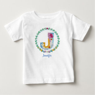 Camiseta De Bebé Letras florales iniciales "J" con nombre personali