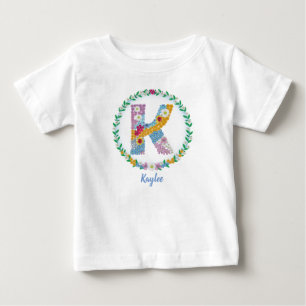 Camiseta De Bebé Letras florales iniciales "K" con nombre personali