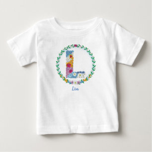 Camiseta De Bebé Letras florales iniciales "L" con nombre personali