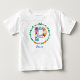Camiseta De Bebé Letras florales iniciales "P" con nombre personali